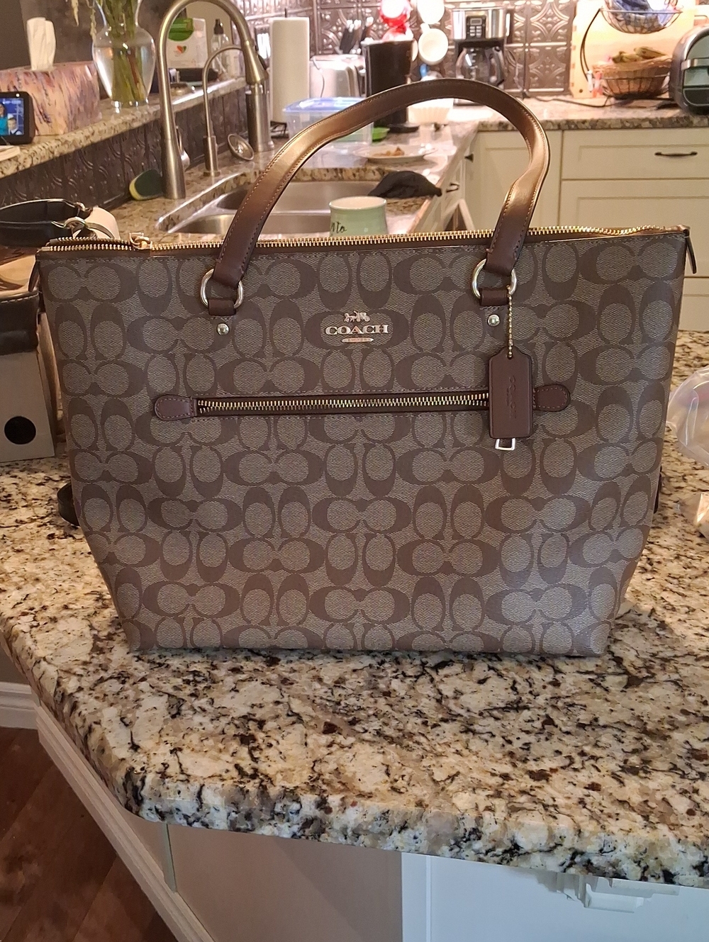 Coach Brown Signature Canvas Tote with Dark Brown Leather Trim